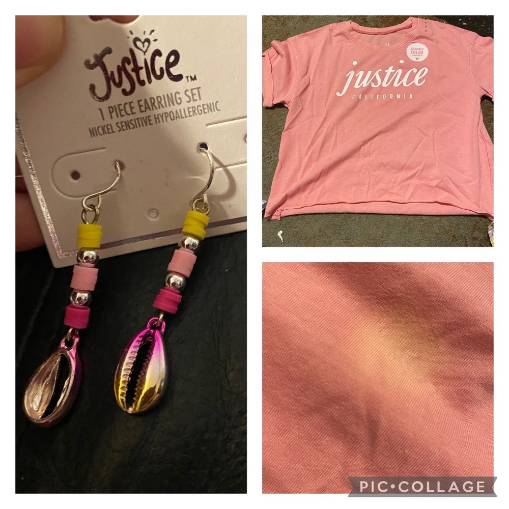 Justice NWT sz 7 color changing shirt with earrings